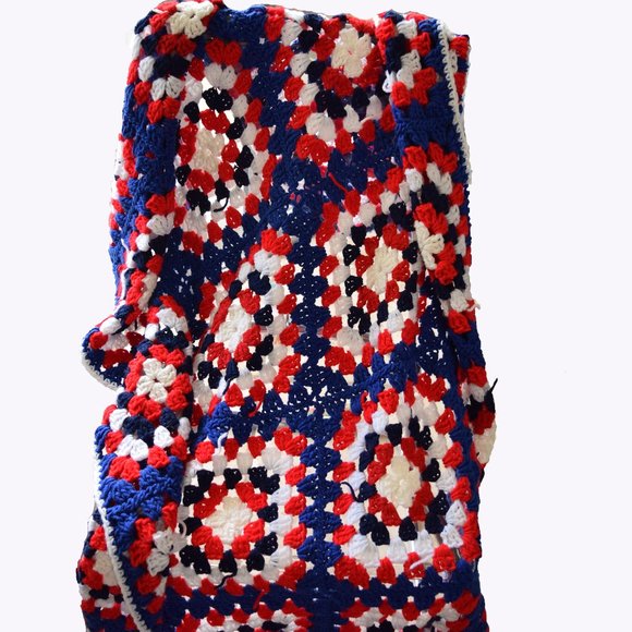 Patriotic Granny Squares Afghan Throw Lap Blanket Handmade Red White Blue Cottag - Picture 3 of 13